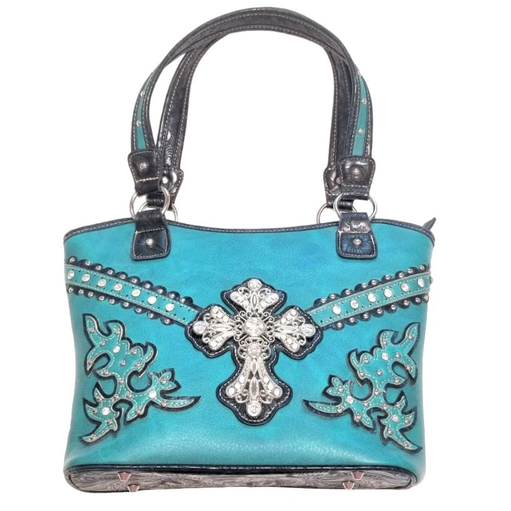 Western Handbag Concealed Carry Purse Shoulder Bag Teal Cross Rhinestones VGC